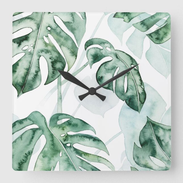 Tropical Palm Split Leaf Square Wall Clock (Front)