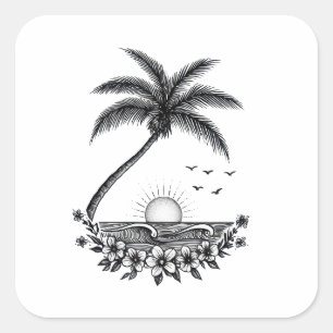 Tropical Palm Sunset – Minimalist Beach Line Art Square Sticker
