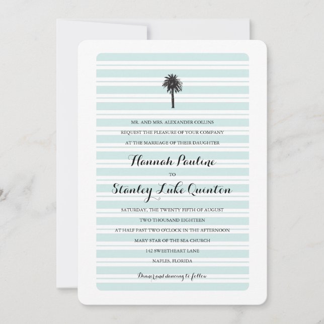 Tropical Palm Tree and Stripes | Wedding Invitation (Front)