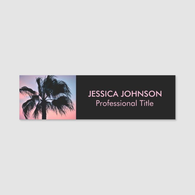 Tropical Palm Tree at Sunset Name Tag (Front)