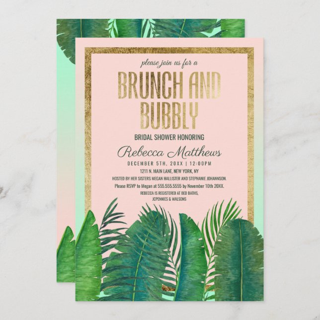 Tropical Palm Tree Banana Leaf Gold Brunch Bubbly Invitation (Front/Back)
