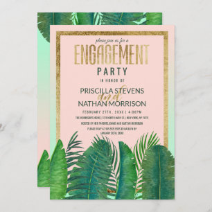 Tropical Palm Tree Banana Leaf Gold Engagement Invitation