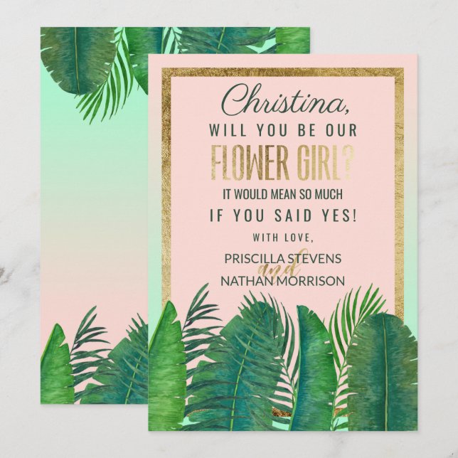 Tropical Palm Tree Banana Leaf Gold Flower Girl Invitation (Front/Back)