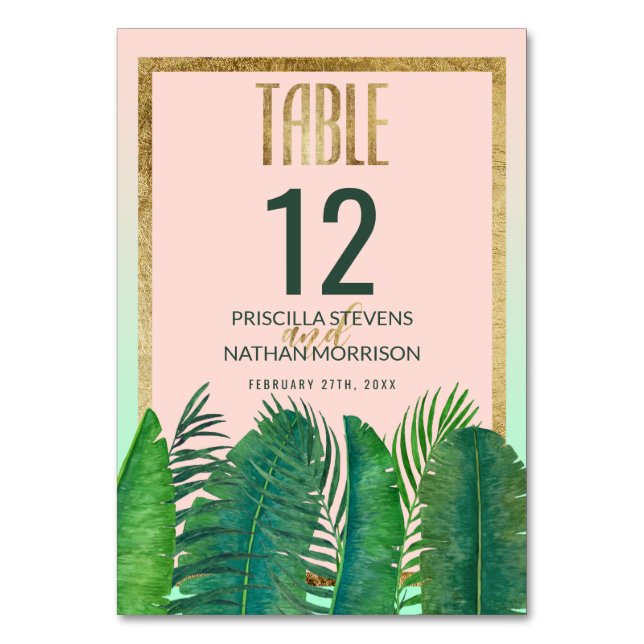 Tropical Palm Tree Banana Leaf Gold Table Number (Front)