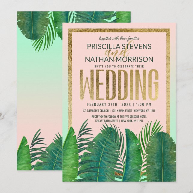 Tropical Palm Tree Banana Leaf Gold Wedding Invitation (Front/Back)