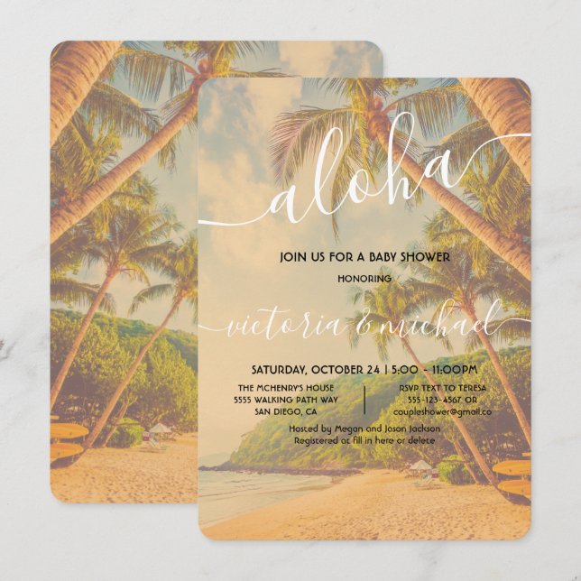 Tropical Palm Tree Beach Aloha Baby Shower Invitation (Front/Back)