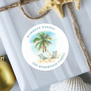 Tropical Palm Tree Beach Christmas Classic Round Sticker