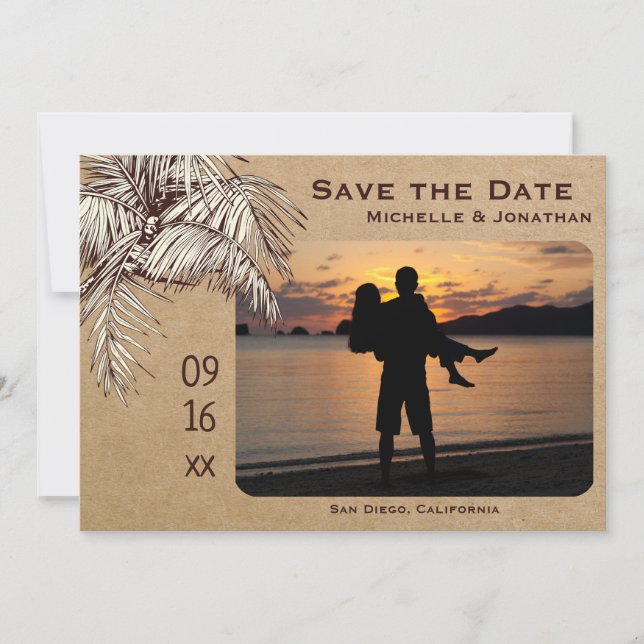 Tropical Palm Tree Beach Photo Wedding Save The Date (Front)