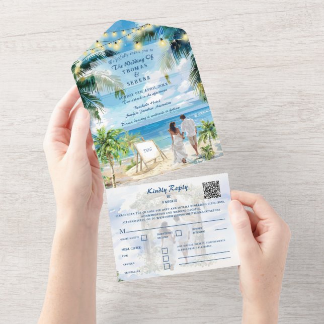 Tropical Palm Tree Beach QR Code Ocean Location  All In One Invitation (Tearaway)