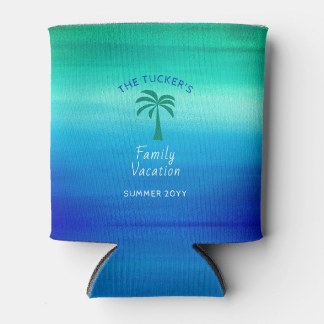 Tropical Palm Tree Beach Summer Family Vacation Can Cooler (Front)