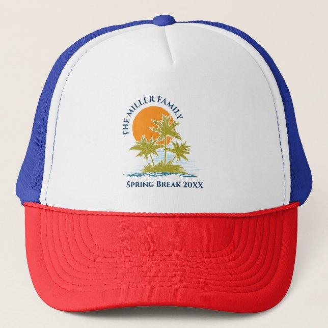 Tropical Palm Tree Beach Trip Sunset Cute Custom  Trucker Hat (Front)