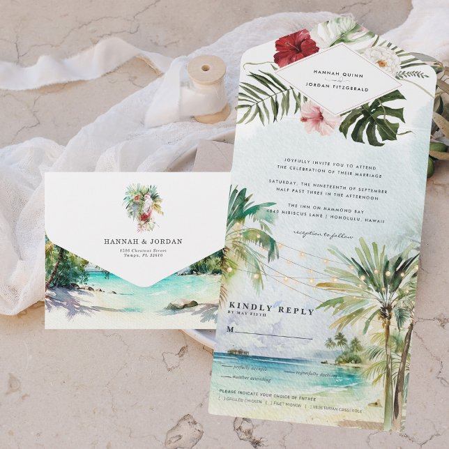 Tropical Palm Tree Beach Wedding All In One Invitation (Creator Uploaded)