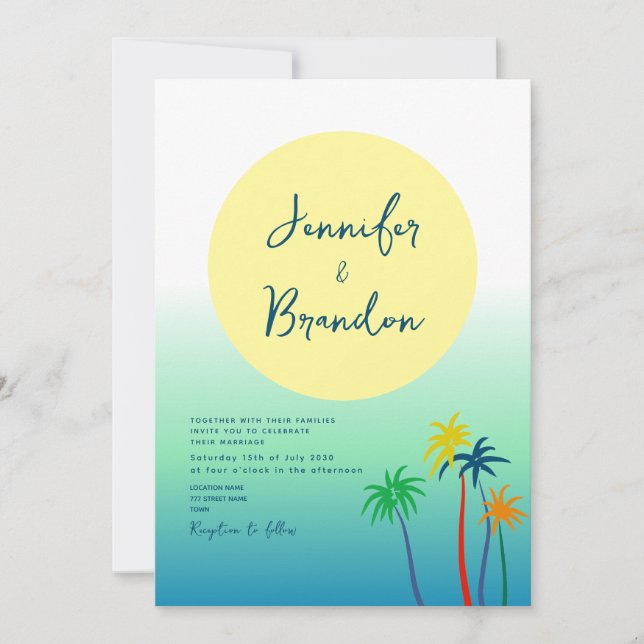 Tropical Palm Tree Beach Wedding Invitation (Front)