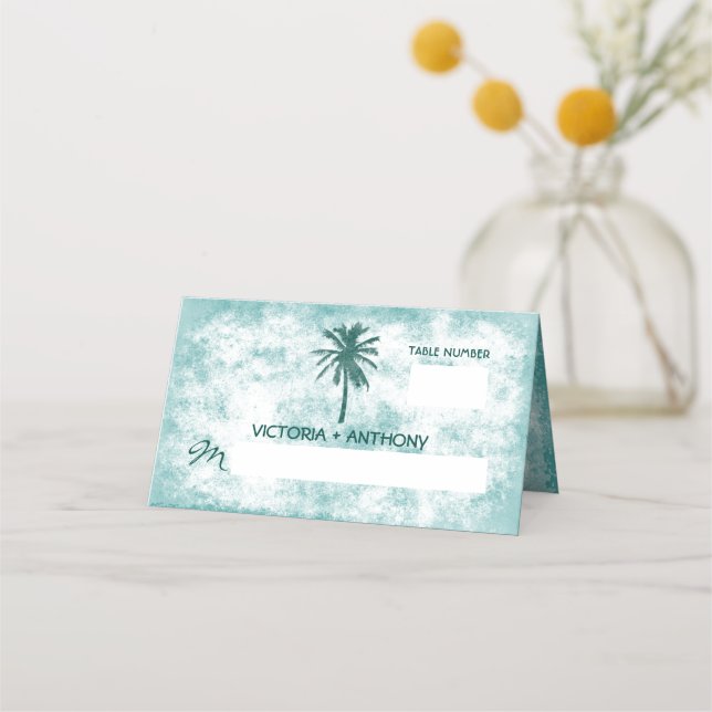 Tropical Palm Tree Beach Wedding Place Card (Front)