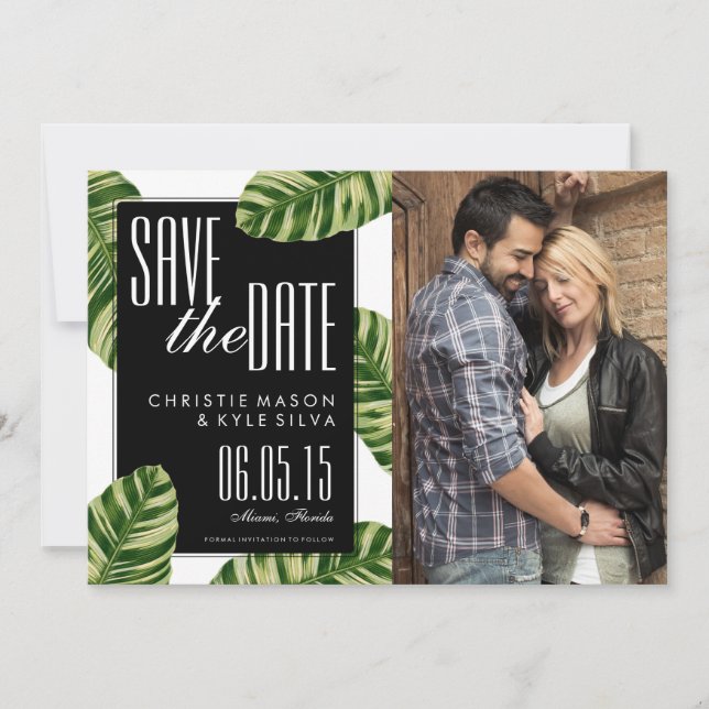 Tropical Palm Tree Beach Wedding Save the Date (Front)
