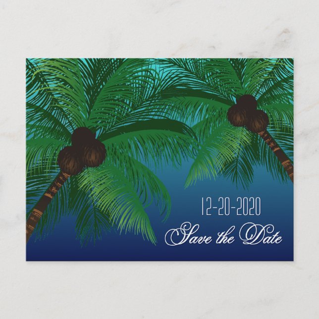 Tropical Palm Tree Beach Wedding Save the Dates Announcement Postcard (Front)