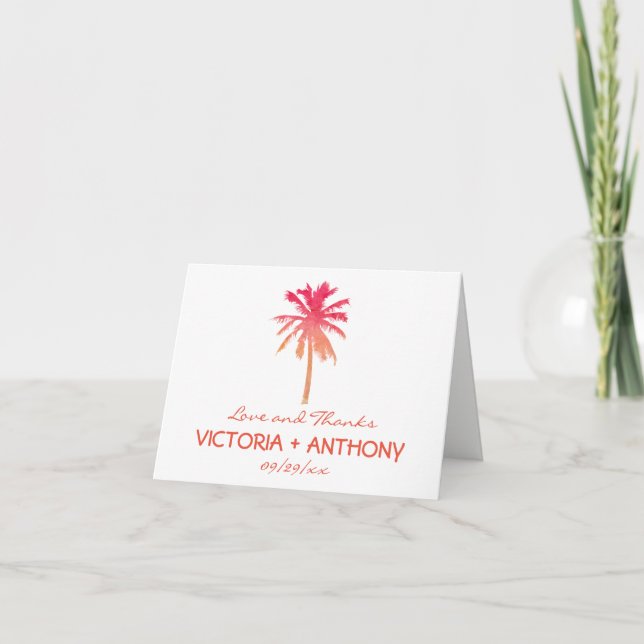 Tropical Palm Tree Beach Wedding Thank You Card (Front)