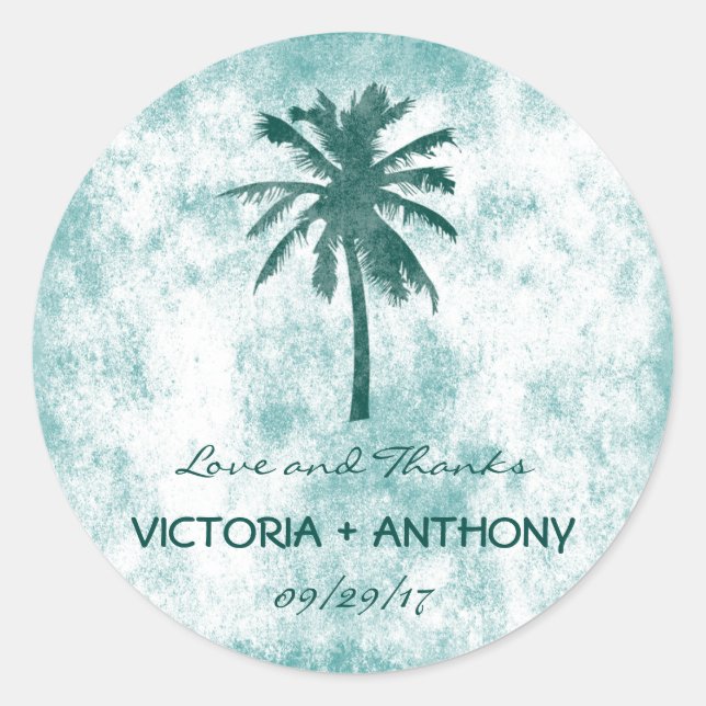 Tropical Palm Tree Beach Wedding Thank You Classic Round Sticker (Front)
