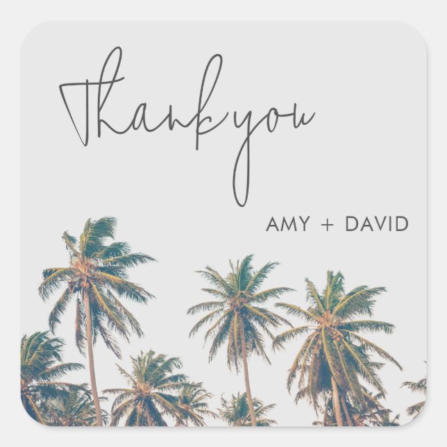Tropical Palm Tree Beach Wedding Thank You Square Sticker (Front)