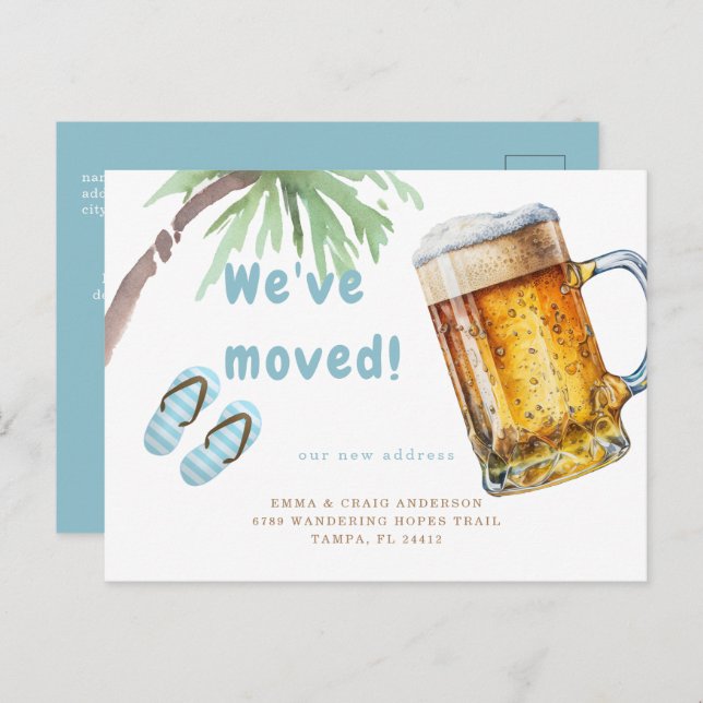 Tropical Palm Tree Beer Mug We've Moved Postcard (Front/Back)