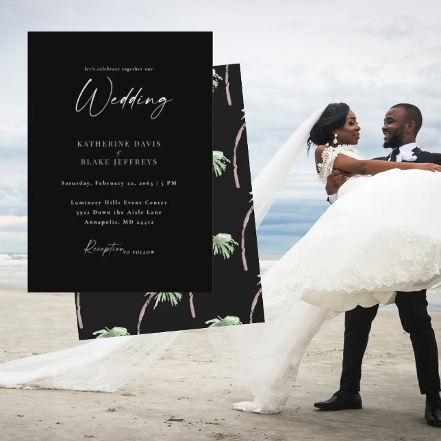 Tropical Palm Tree Black Wedding  Invitation (Creator Uploaded)