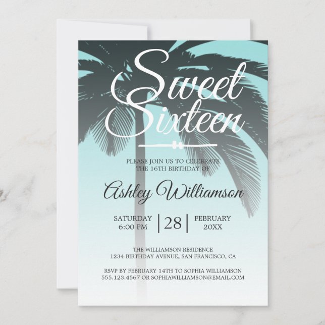Tropical Palm Tree Blue Sweet 16 16th Birthday Invitation (Front)