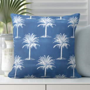Tropical Palm Tree Blue White Pattern Throw Pillow