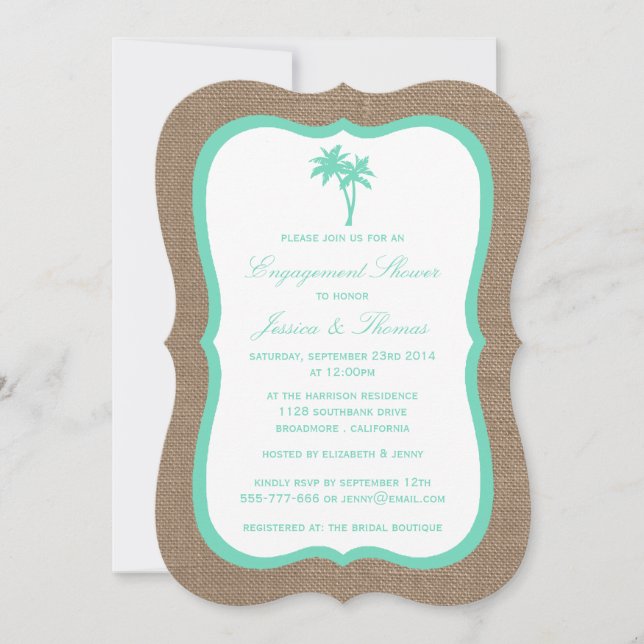 Tropical Palm Tree Burlap Beach Engagement Shower Invitation (Front)