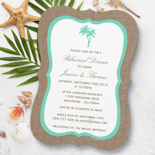 Tropical Palm Tree Burlap Beach Rehearsal Dinner Invitation
