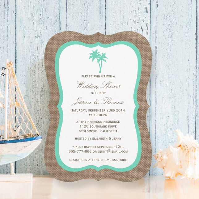 Tropical Palm Tree Burlap Beach Wedding Shower Invitation (Creator Uploaded)