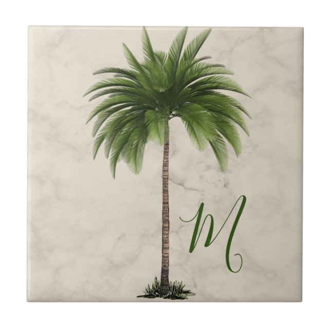Tropical  Palm Tree Champagne Marble Elegant Tile (Front)