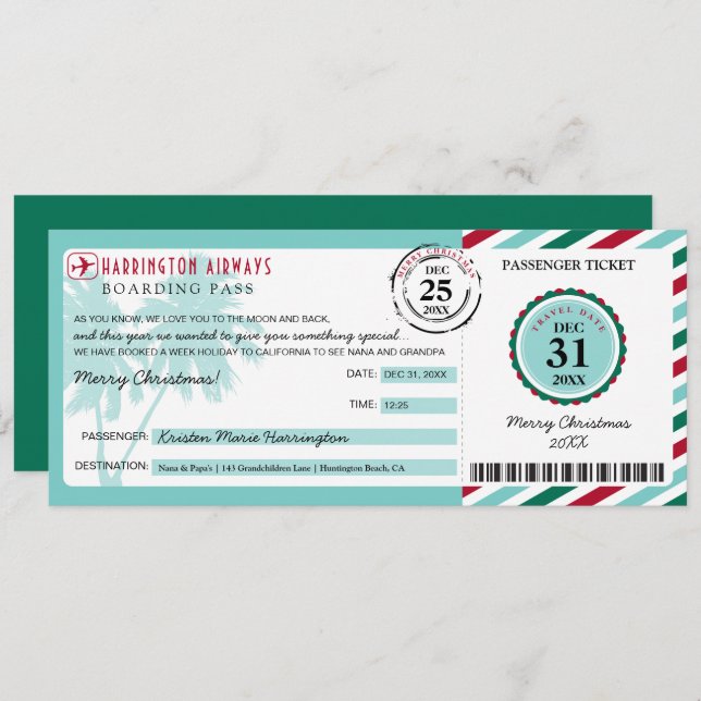 Tropical Palm Tree Christmas Gift Boarding Pass Invitation (Front/Back)