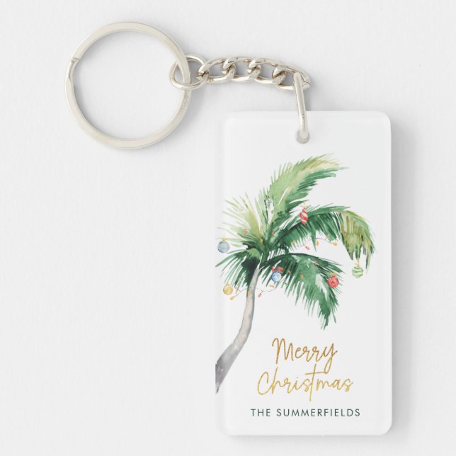 Tropical Palm Tree Christmas Holiday Keepsake Key Ring (Front)