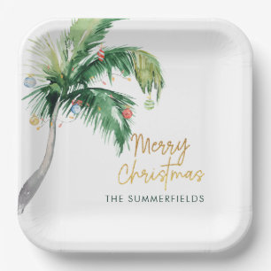 Tropical Palm Tree Christmas Holiday Party Paper Plate
