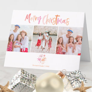 Tropical Palm Tree Christmas Three Photo Folded Holiday Card