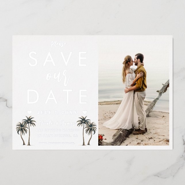 Tropical Palm Tree Coastal Wedding Save the Date (Front)