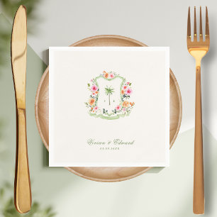 Tropical Palm Tree Crest Monogram Summer Wedding Napkin