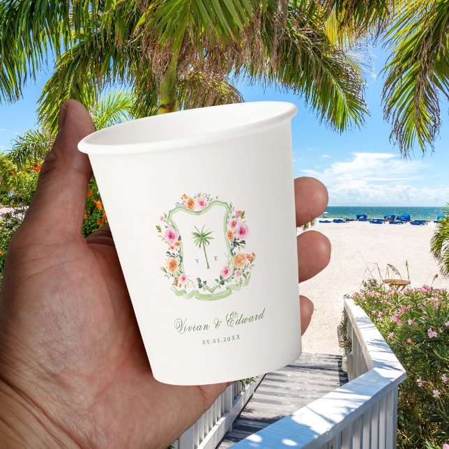 Tropical Palm Tree Crest Monogram Summer Wedding Paper Cups (Creator Uploaded)
