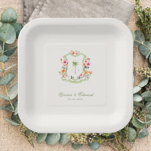 Tropical Palm Tree Crest Monogram Summer Wedding Paper Plate