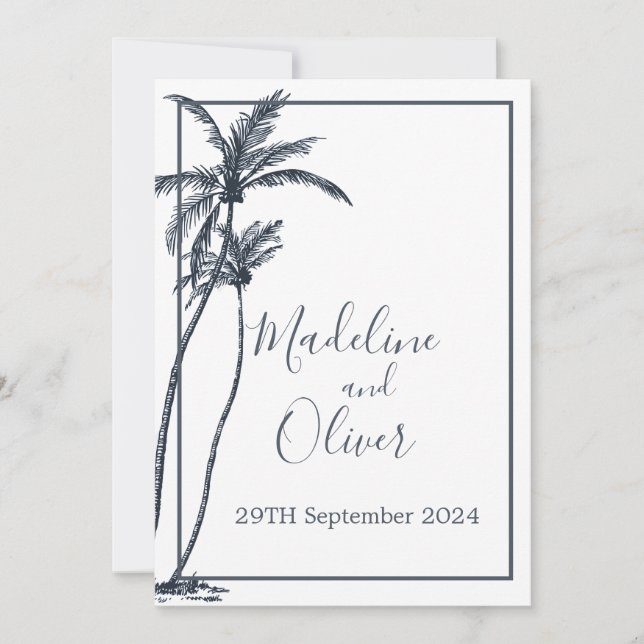 Tropical Palm Tree Elegant Blue White Wedding Invitation (Front)