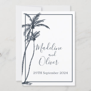 Tropical Palm Tree Elegant Blue White Wedding Invitation