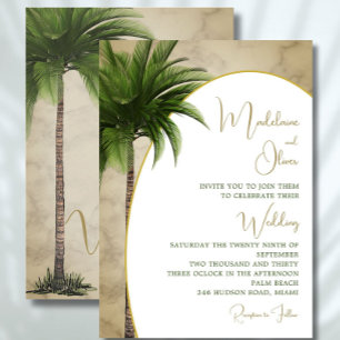Tropical Palm Tree Elegant Marble Gold Wedding Invitation