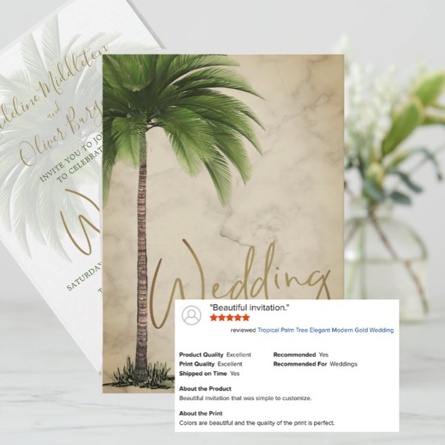 Tropical Palm Tree Elegant Modern Gold Wedding Invitation (Creator Uploaded)