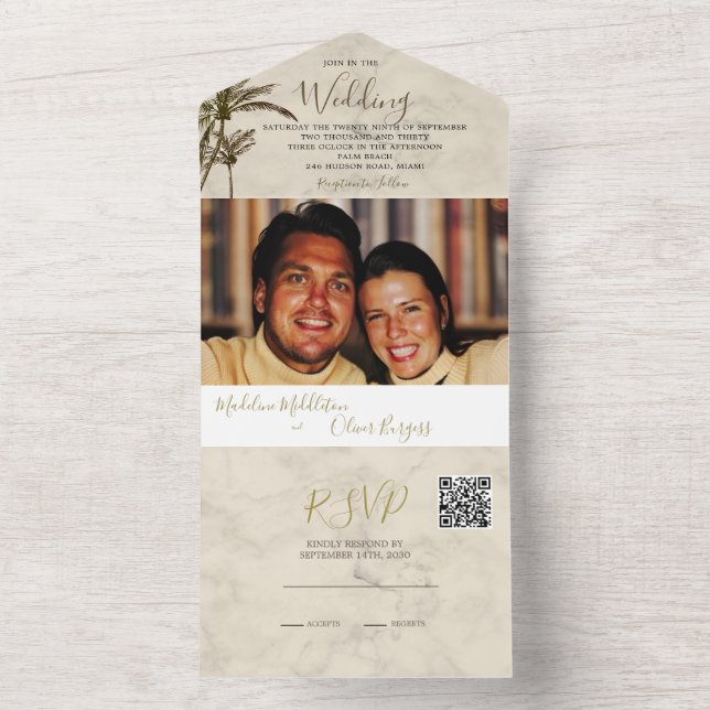 Tropical Palm Tree Elegant Modern Rustic Wedding All In One Invitation (Inside)