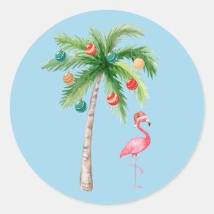 Tropical Palm Tree Flamingo Holiday Party  Classic Round Sticker