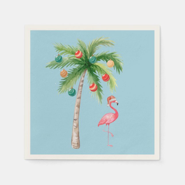 Tropical Palm Tree Flamingo Holiday Party  Napkin (Front)