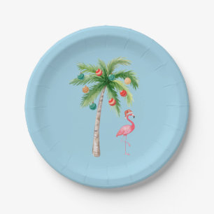Tropical Palm Tree Flamingo Holiday Party  Paper Plate