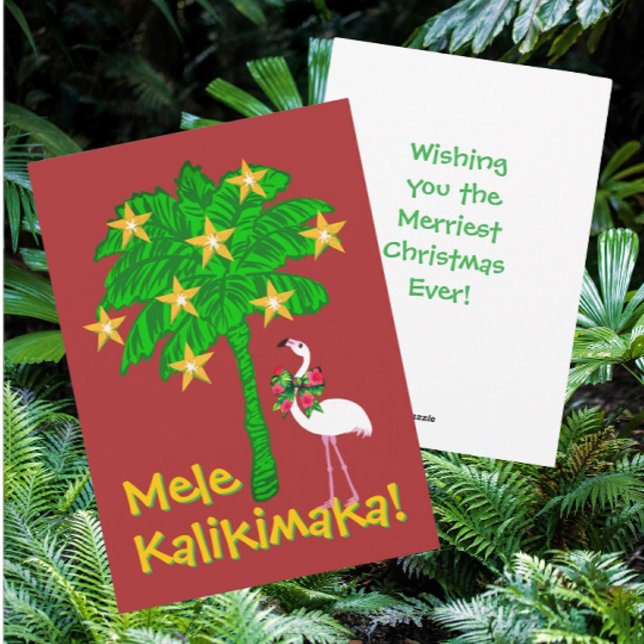 Tropical Palm Tree Flamingo Personalized  Holiday Card (Hawaiian for Merry Christmas. Personalize it!)