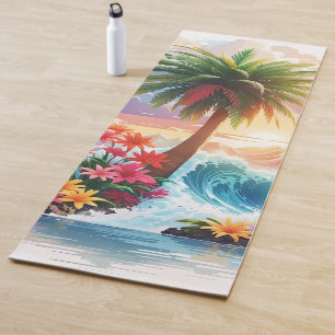 Tropical Palm Tree, Flowers and Ocean Waves Yoga Mat