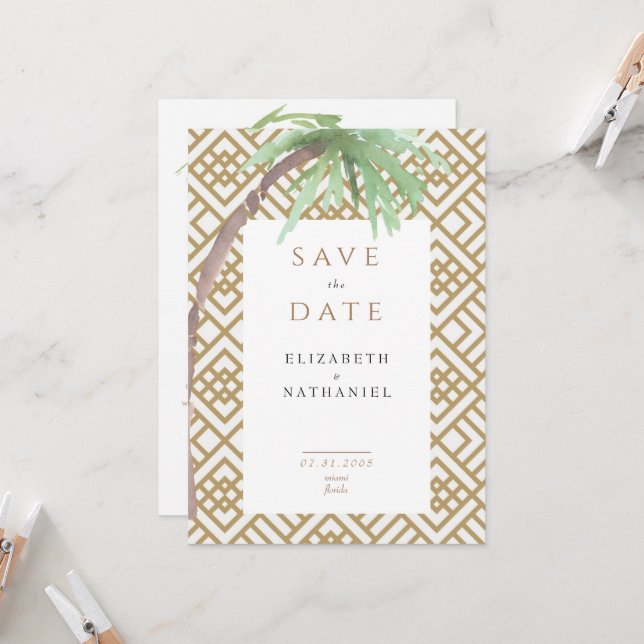Tropical Palm Tree Geometric Save the Date Invitat Invitation (Front/Back In Situ)